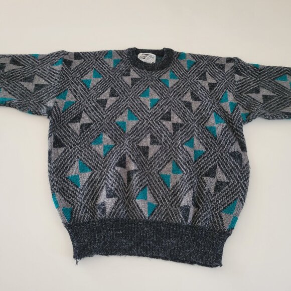 Vintage Expressions Geometric Acrylic Sweater Gray Turquoise Size Large EUC - Picture 1 of 11
